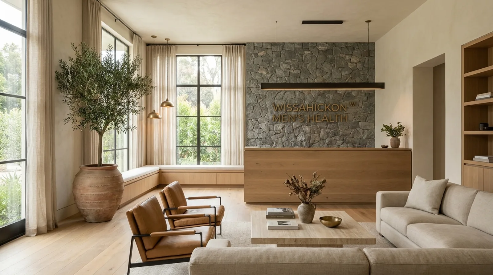 The reception lounge: a white oak desk against a grey fieldstone wall with brass Wissahickon Men's Health letters