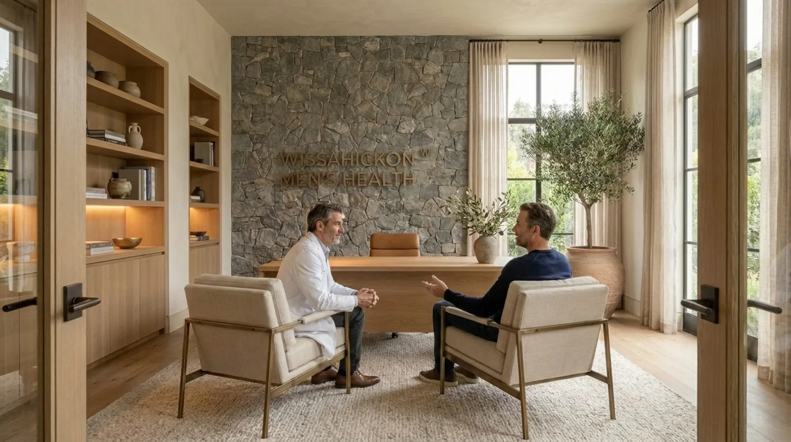 A consultation in the clinic: a physician in a white coat leaning forward, listening to a patient in a warm oak and fieldstone office