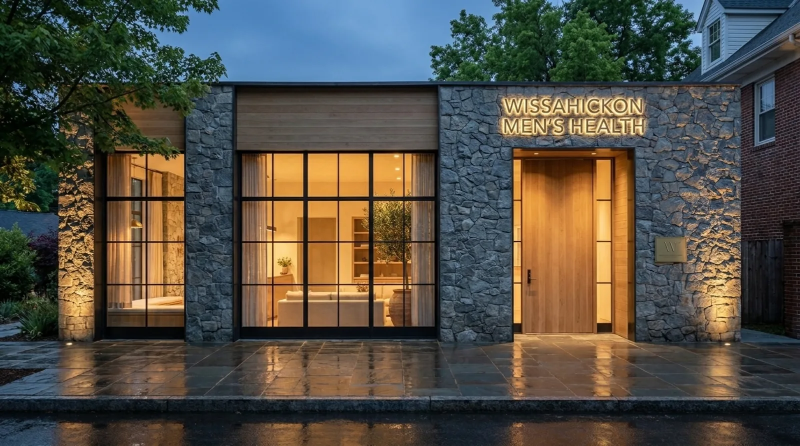 The clinic storefront at dusk: grey fieldstone and white oak with backlit brass Wissahickon Men's Health signage